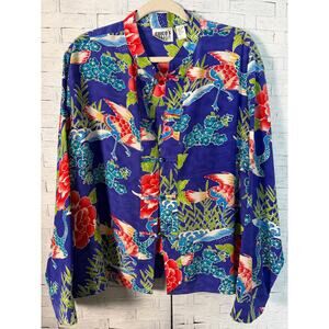 Vintage Chico’s womens silk blouse toggle front feminine Asian inspired floral